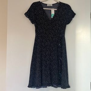 Knit wrap dress polka dots navy